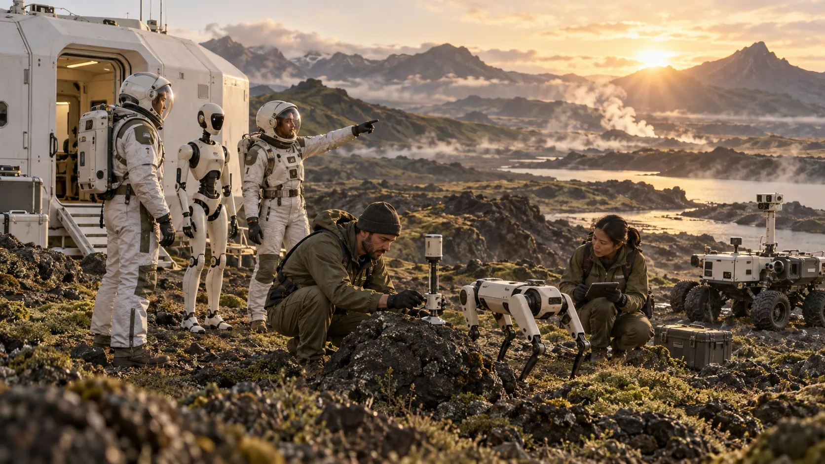 An analog crew and robots collaborating outside a research habitat on Earth