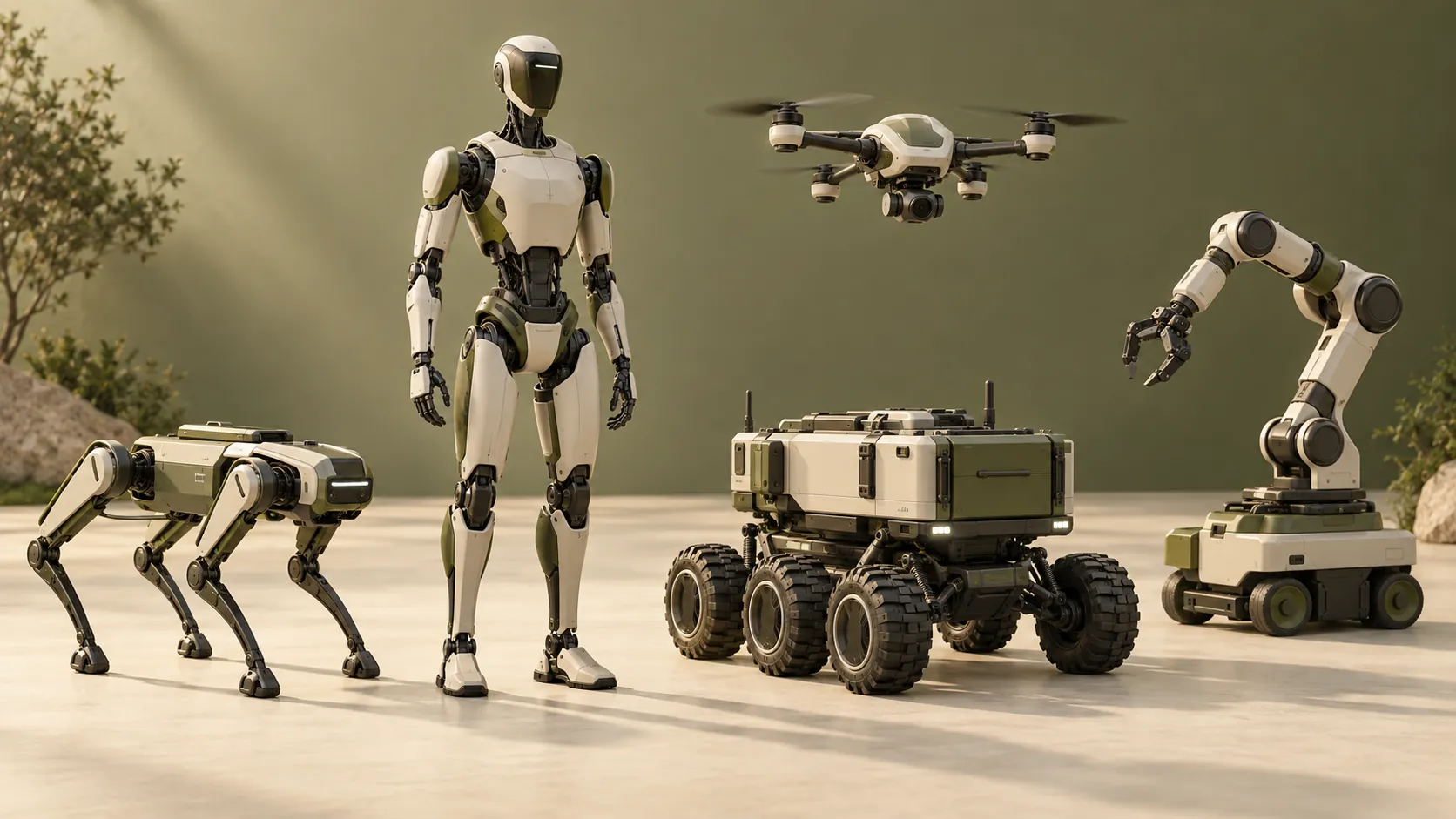Concept lineup: humanoid, quadruped, rover, drone, and mobile manipulator