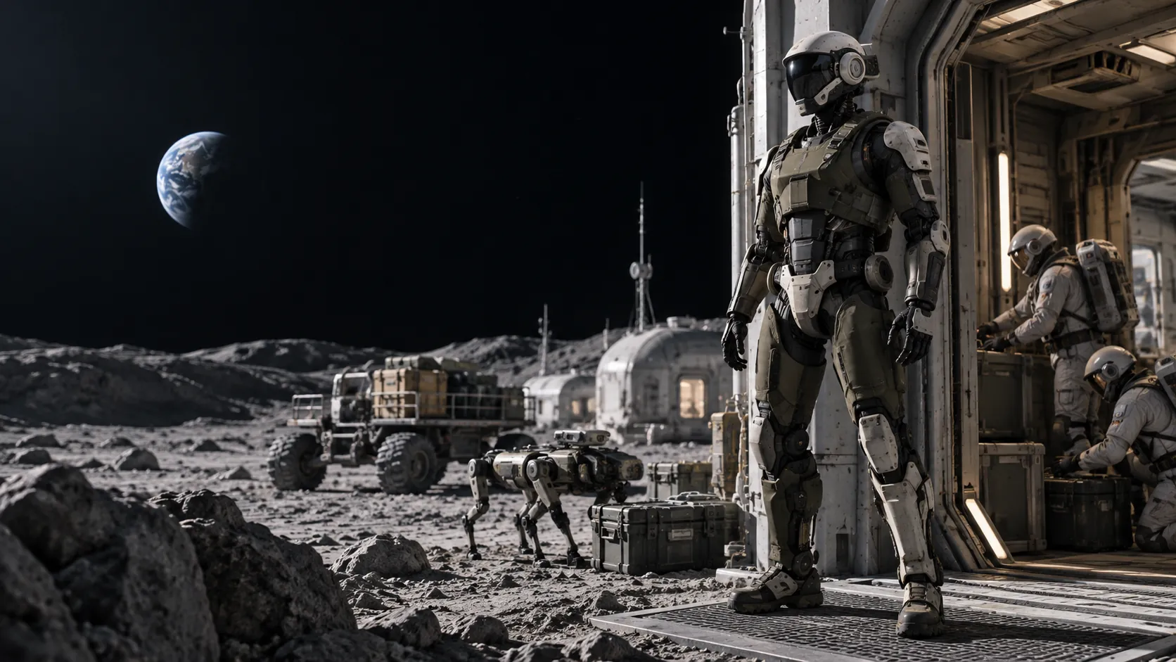 Original Sec Unit concept standing watch beside a lunar expedition crew